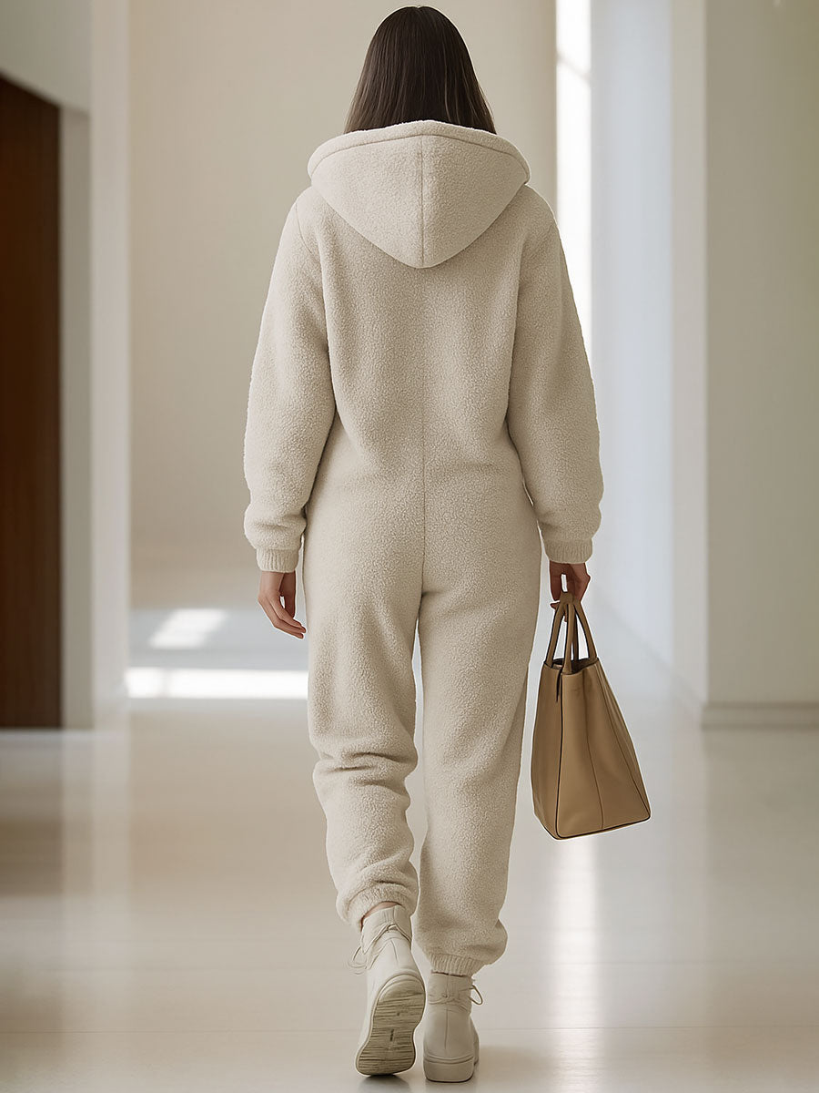 【24-hour shipping out】Casual Loose Vintage Polar Fleece Pocket Zipper Hooded Jumpsuit