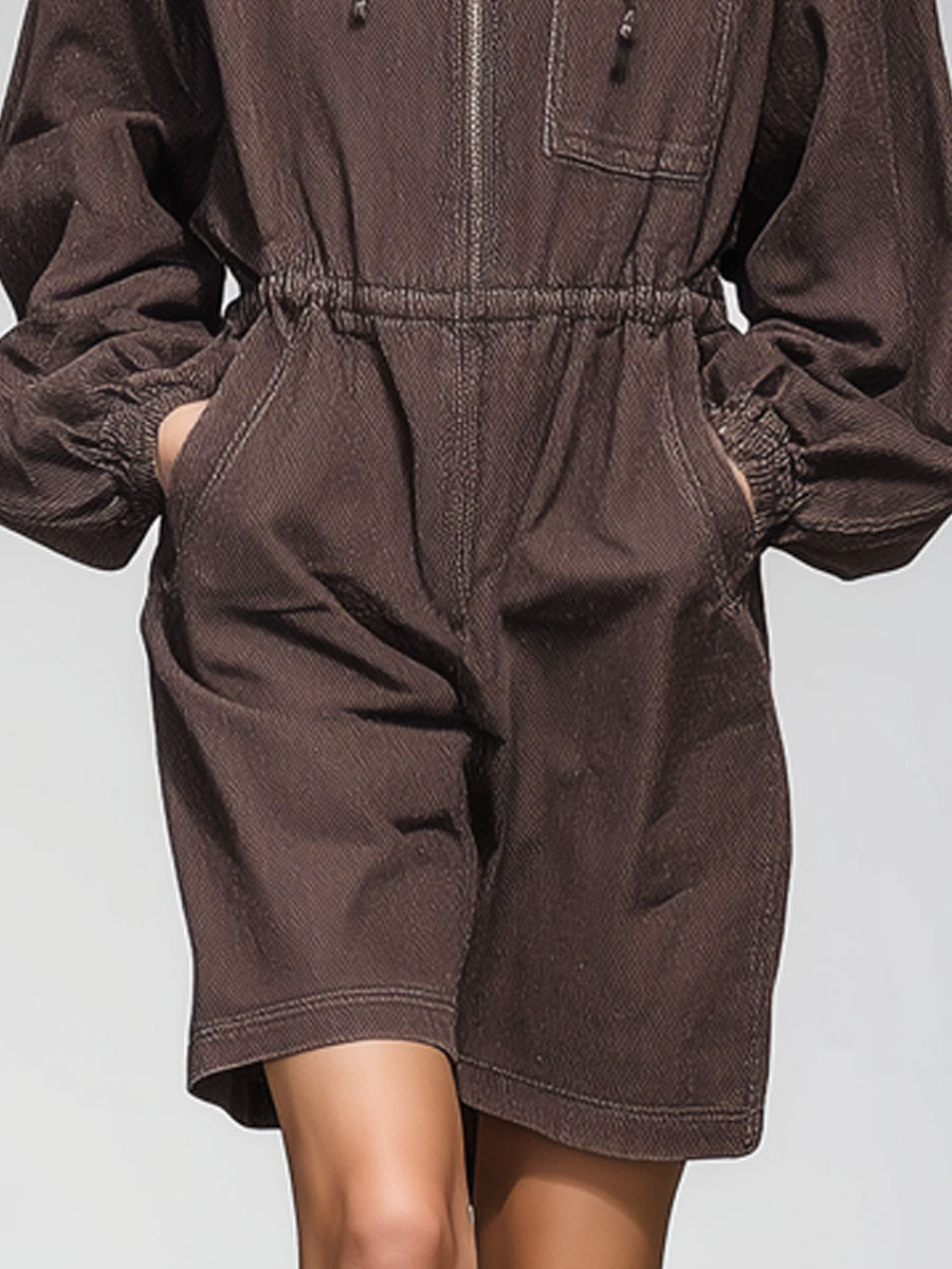 Casual Vintage Cocoa Brown Denim Elastic Waist Pocket Hooded Sports Mini Dress