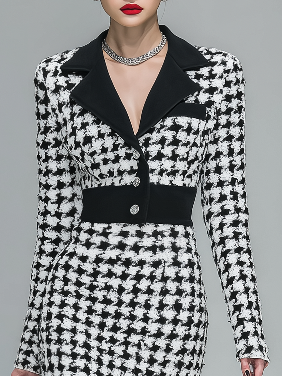 Classic Retro Houndstooth Lapel Long Sleeve Knitted Midi Dress