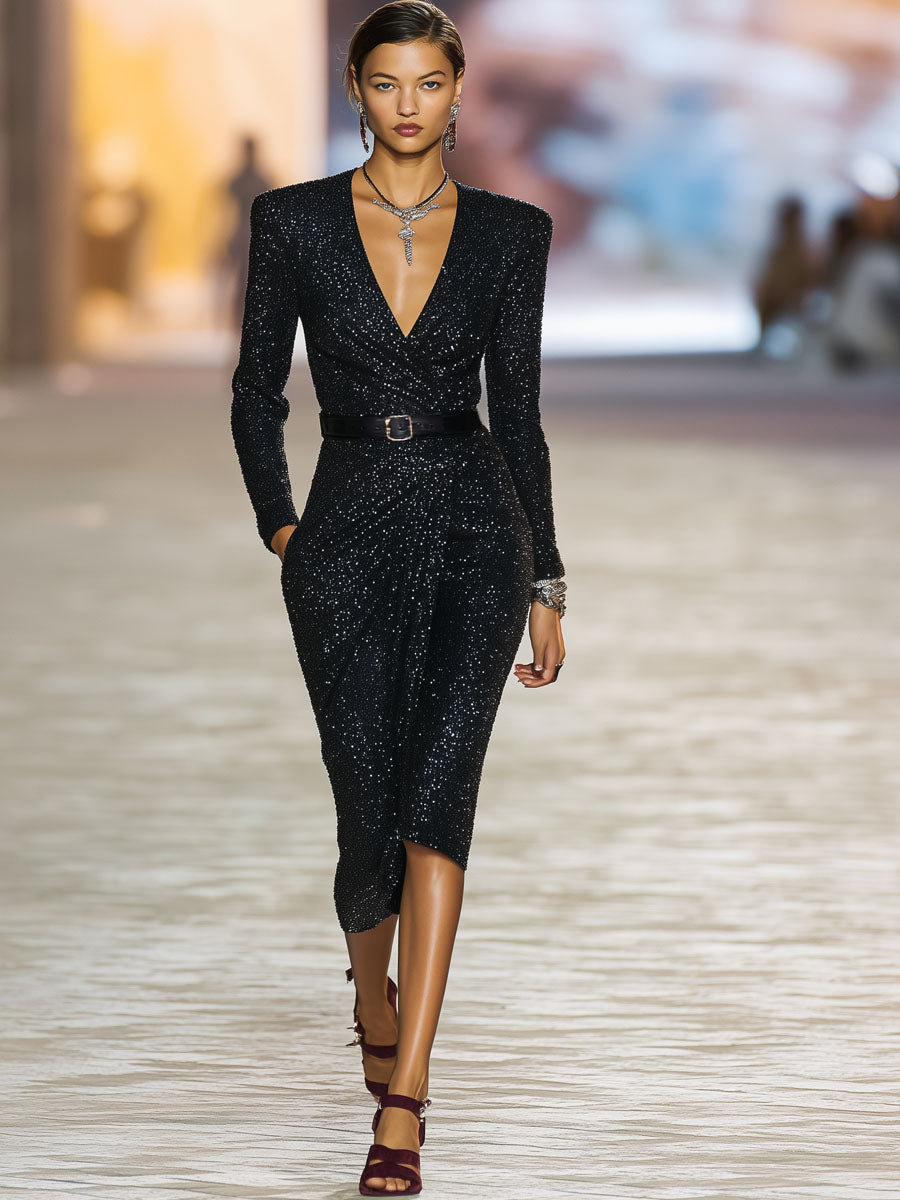 Elegant Stretch Bodycon Knit Sequined Midi Dress