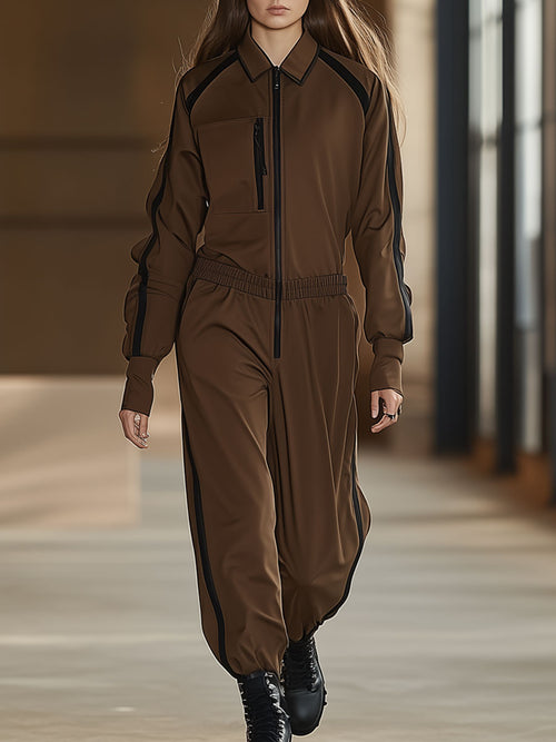 Casual Retro Black Trim Cocoa Brown Elastic Waist Jumpsuit