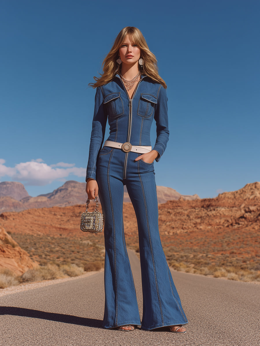 Blue Denim Long-sleeved Zippered Flared Jumpsuit
