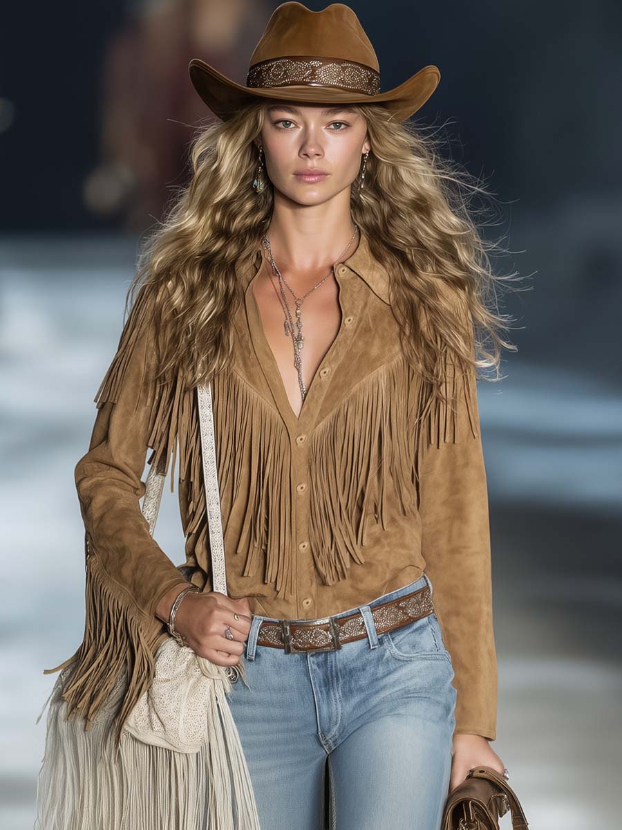 Casual Vintage Western Button Front Tassel Long Sleeve Light Brown Suede Shirt Top