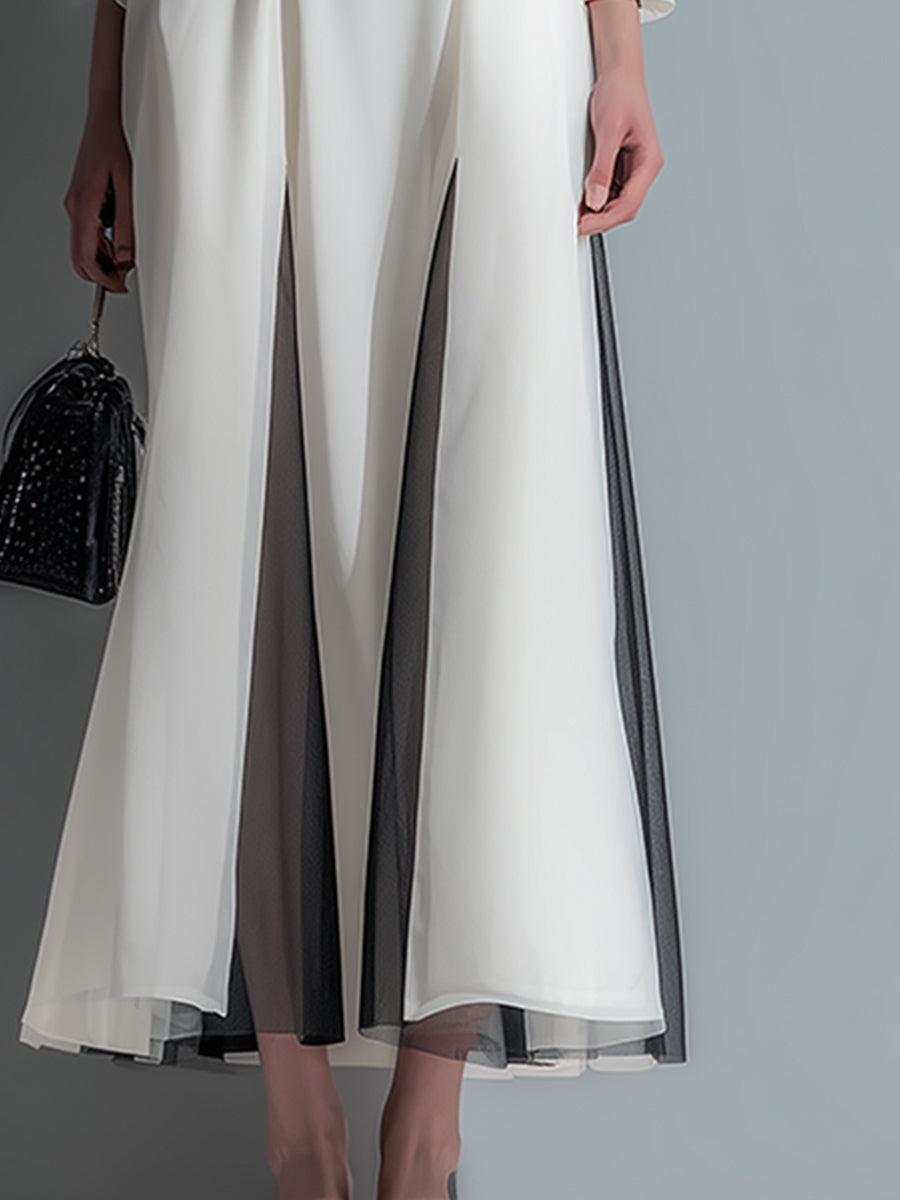 Classic Boat Neck White Chiffon Belted Long Sleeve Maxi Dress