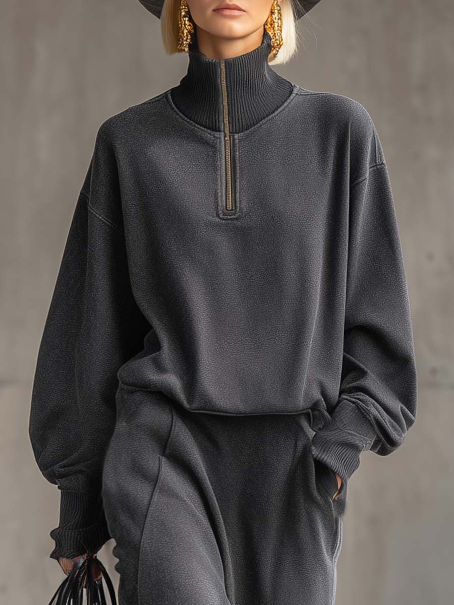 Casual Loose Fashion High Collar Front Zipper Dark Gray Sweatshirt And Skirt Set
