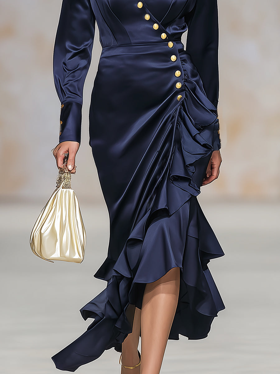Elegant And Fashionable V-neck Dark Blue Satin Gold Button Ruffled Midi Dress