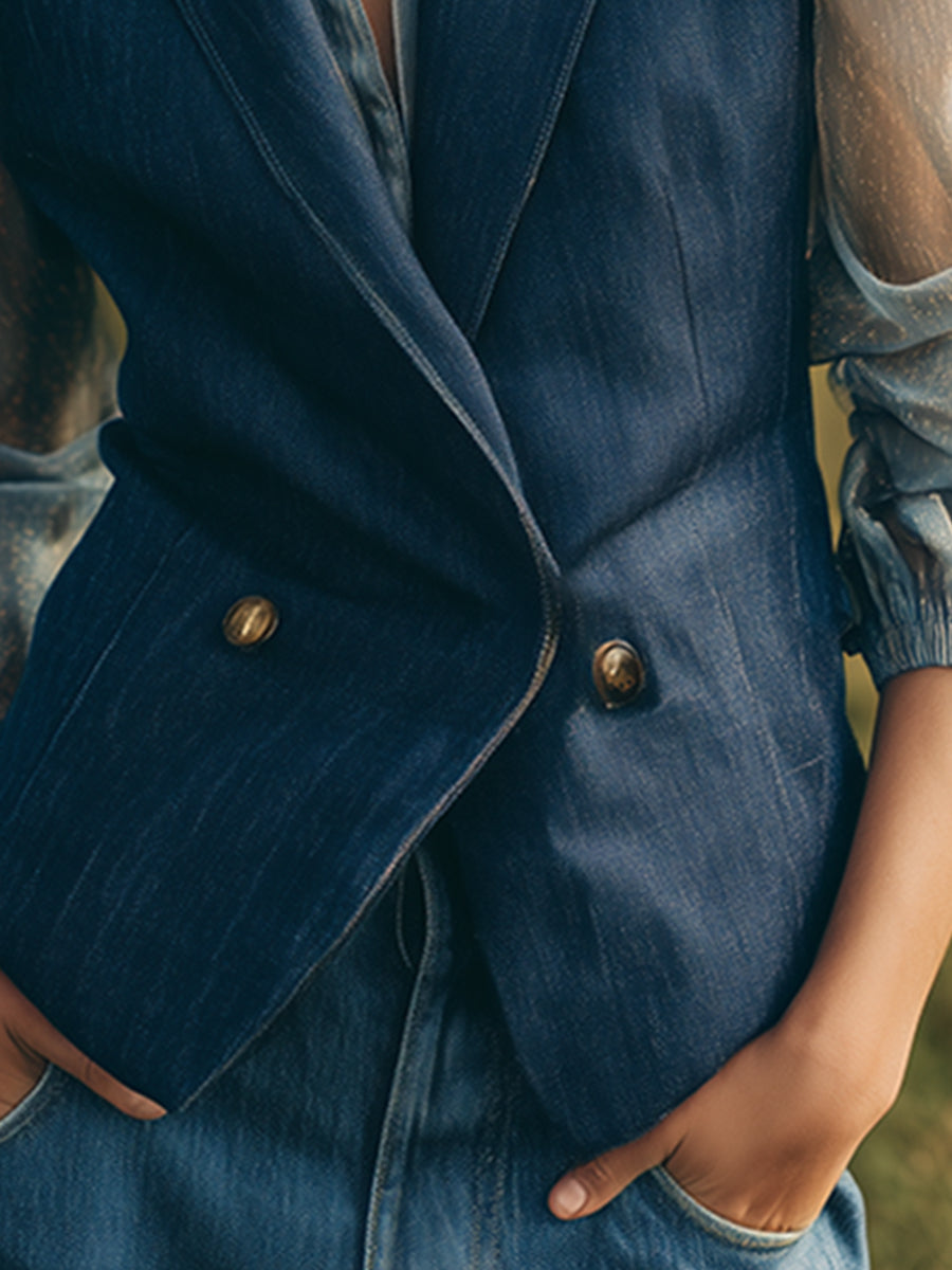Elegant And Fashionable Blue Imitation Denim Organza Long-sleeved Jacket