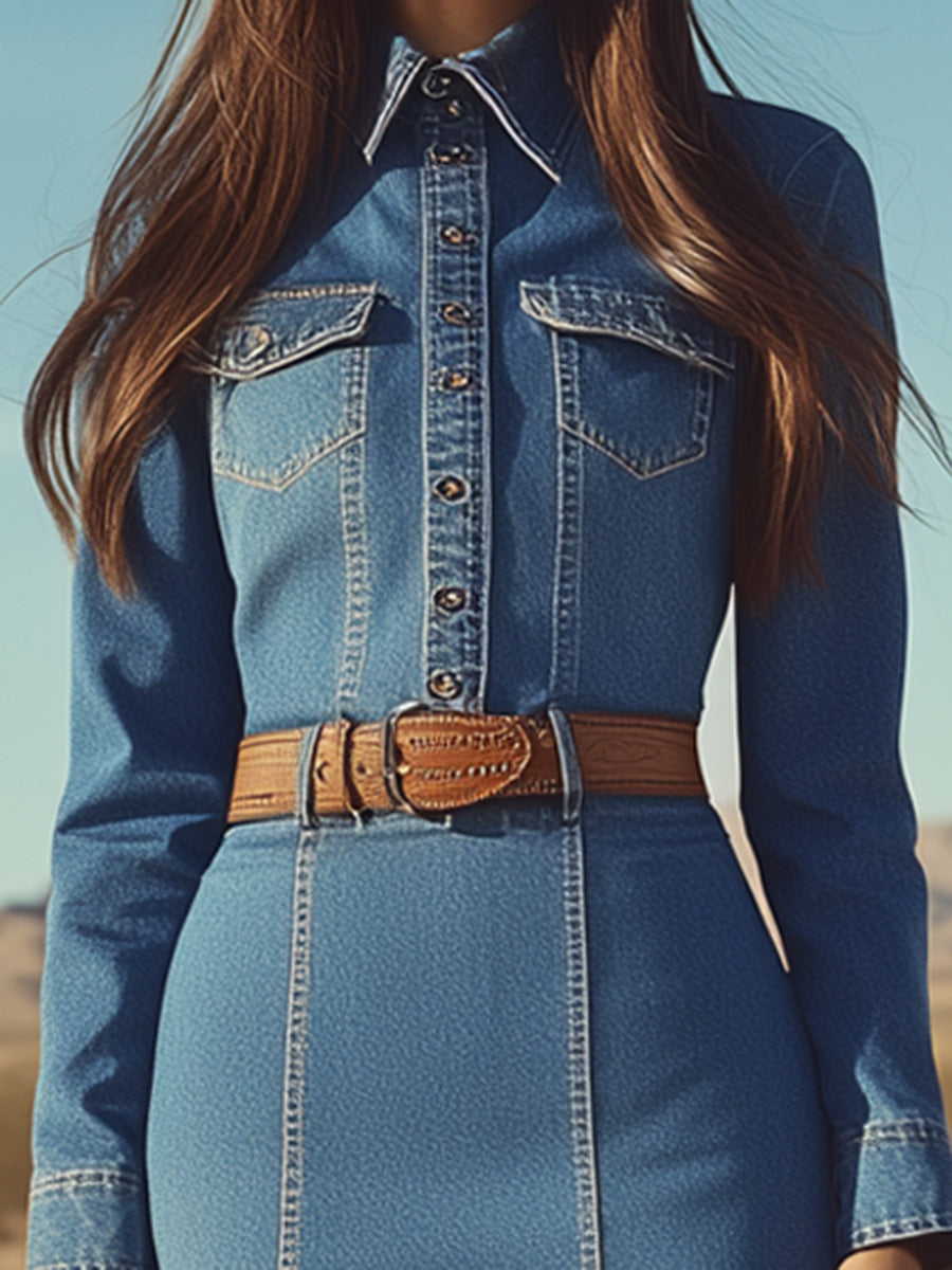 Fashion Denim Blue Long-sleeved Button-down Hip-hugging Midi Dress