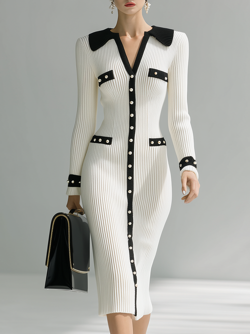 Elegant Contrast-trimmed Pearl-button Knitted Midi Dress