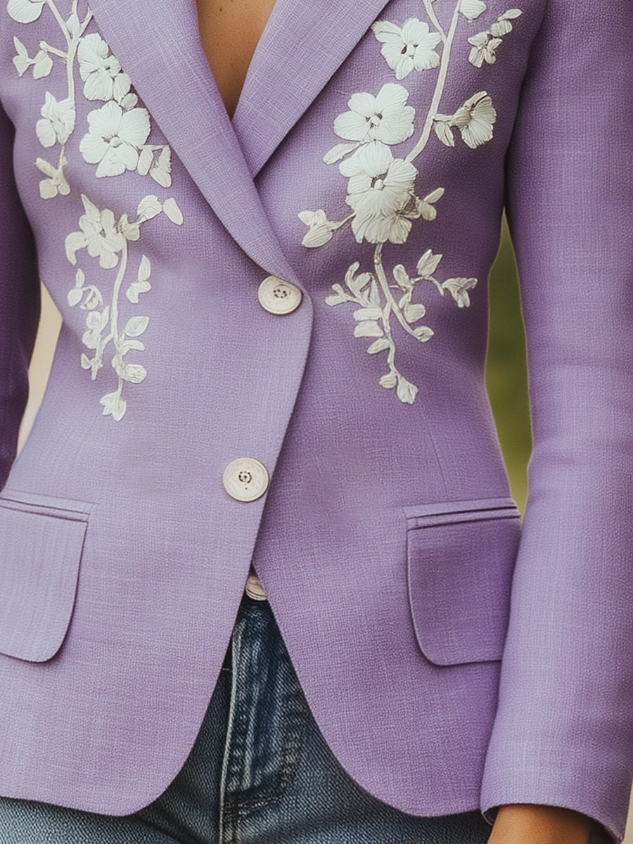 Designer Purple Linen Button-down Collar Embroidered Blazer