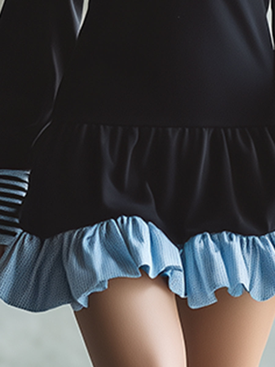 Casual Black And Blue Ruffled Sweatshirt Sports Long-sleeved Mini Dress