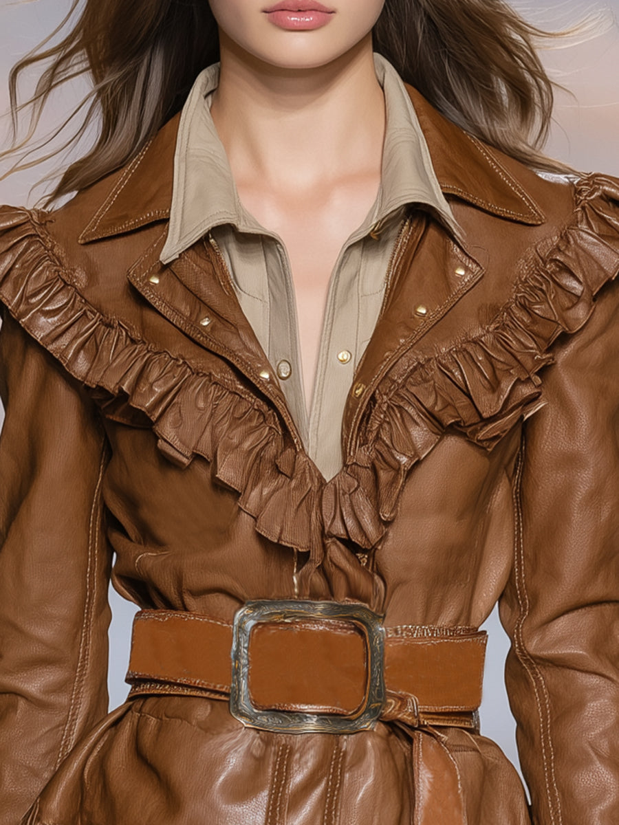 Elegant Vintage Brown Ruffled Faux Leather Jacket