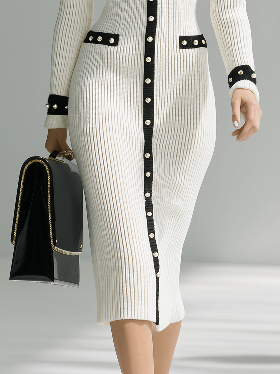 Elegant Contrast-trimmed Pearl-button Knitted Midi Dress