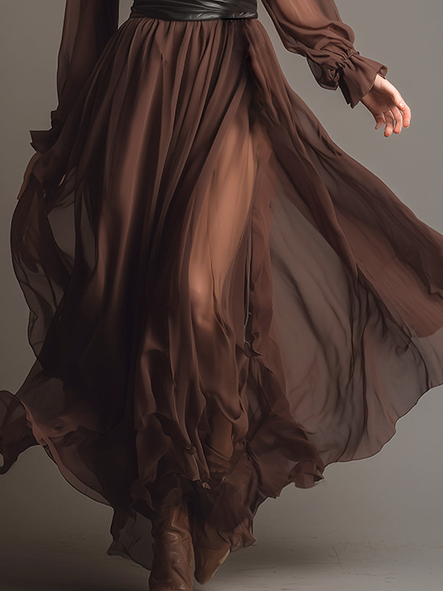 Elegant Retro V-neck Brown Chiffon Long Sleeve Maxi Dress