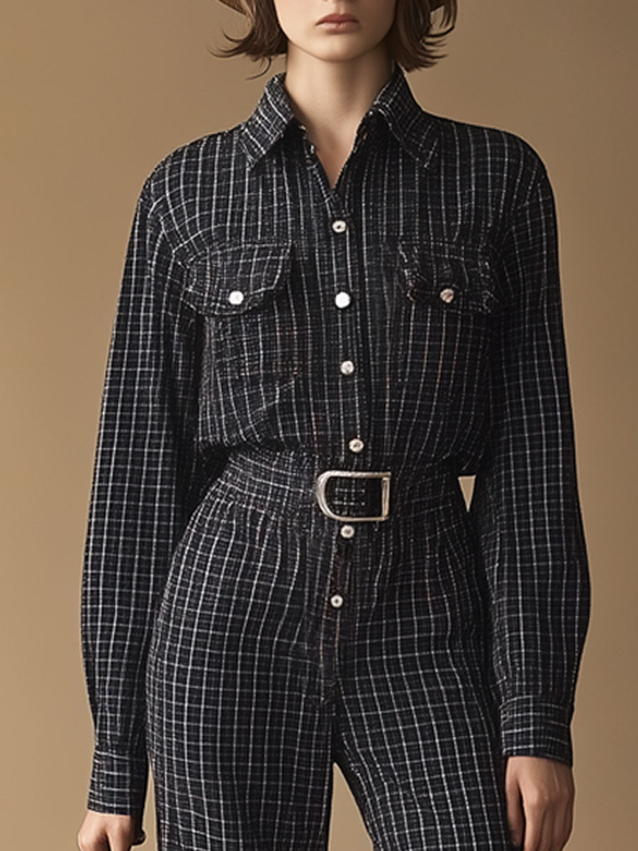 Casual Retro Long-Sleeved Shirt-Style Black And White Plaid Lace-Up Jumpsuit
