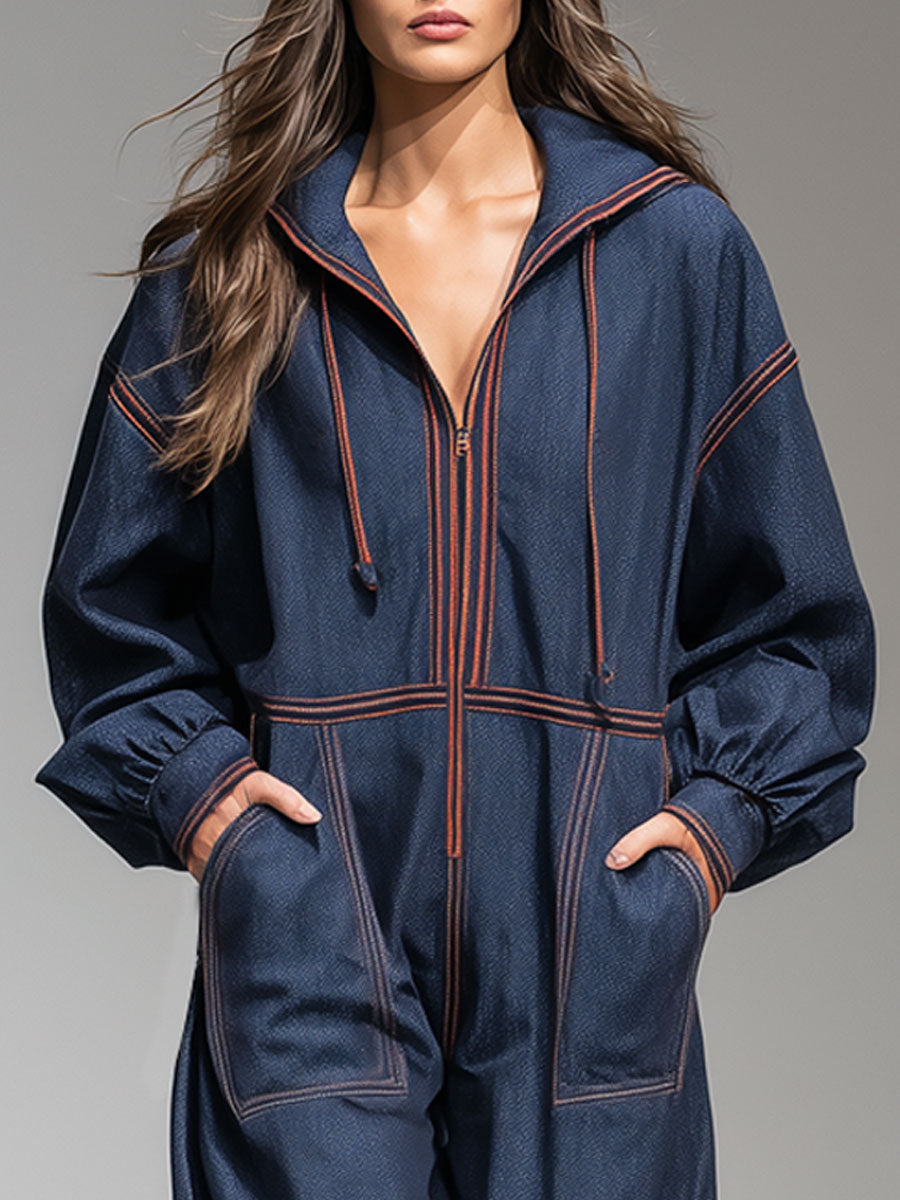 Casual Retro Navy Blue Denim Webbing Hooded Sports Jumpsuit