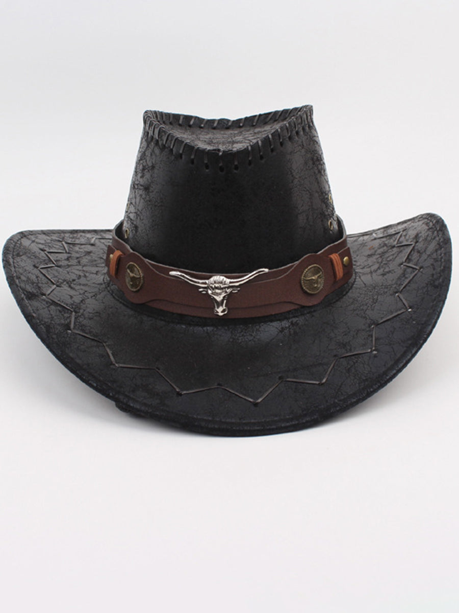 Cracked PU Leather Western Cowboy Hat Outdoor Cow Head Sun Hat