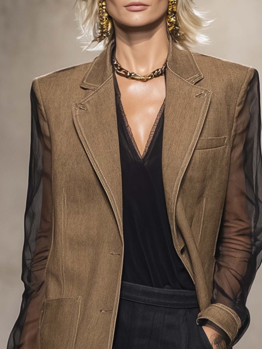 Exquisito blazer informal retro de algodón y lino con cuello de muesca, transparente, de manga larga y corte en H.