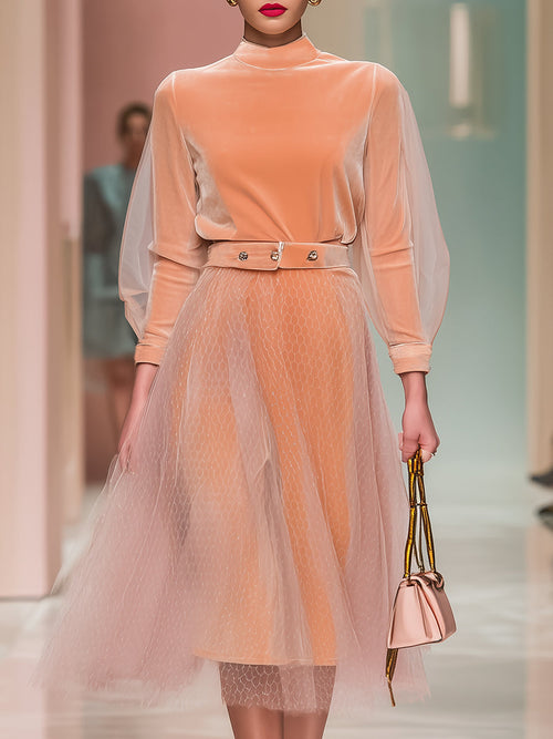 Elegant And Exquisite Orange Velvet Splicing Tulle Long-sleeved Midi Dress