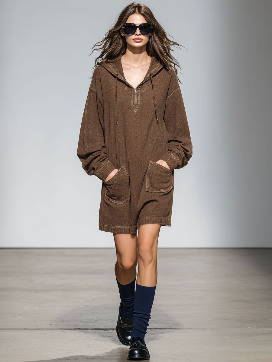 Casual Vintage Brown Denim Hooded Sweatshirt Mini Dress