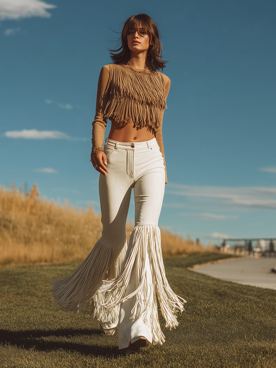 Chic Western Style Tassel Hem Off-White Suede Flared Pants