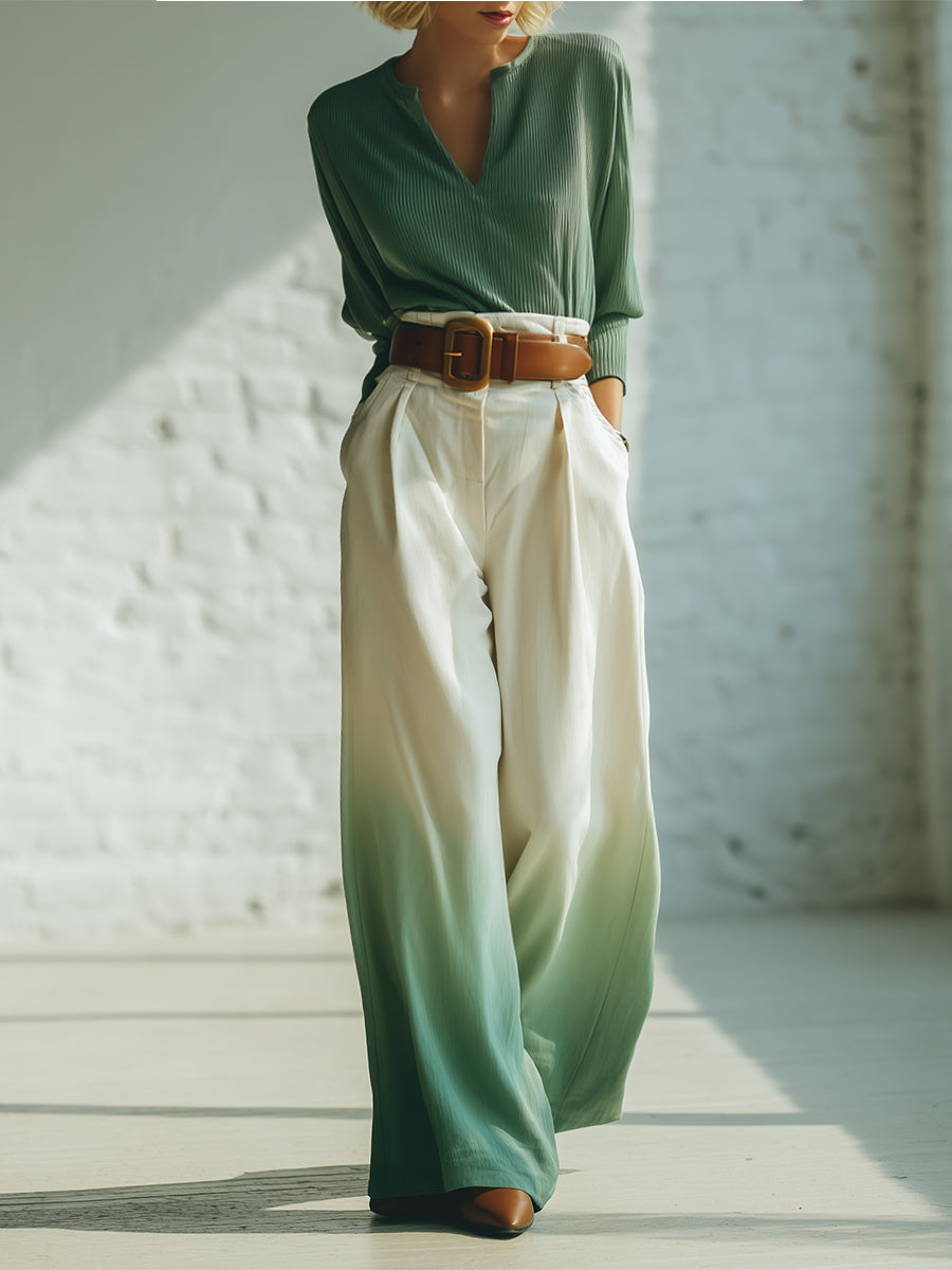 Elegant Casual White Gradient Green Wide-leg Trousers