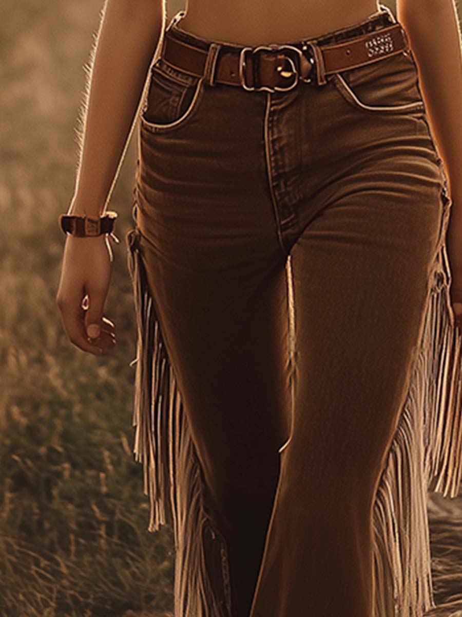 【24-hour shipping out】Vintage Western Brown Fringe Flared Jeans