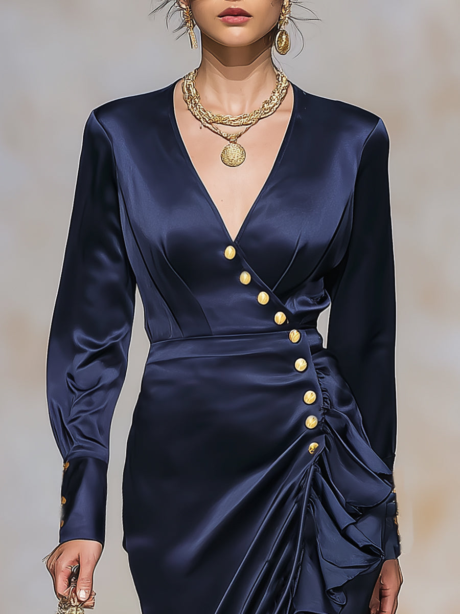 Elegant And Fashionable V-neck Dark Blue Satin Gold Button Ruffled Midi Dress