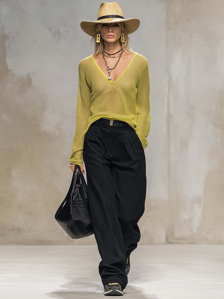 Blusa de punto verde limón de manga larga, cuello en V, transpirable e informal.