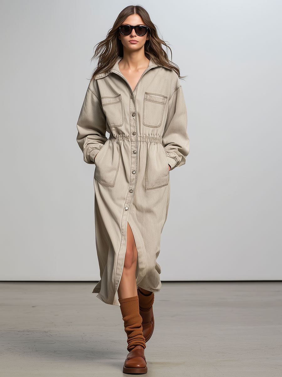 Casual Retro Cream White Denim Elastic Waist Long Sleeve Midi Dress