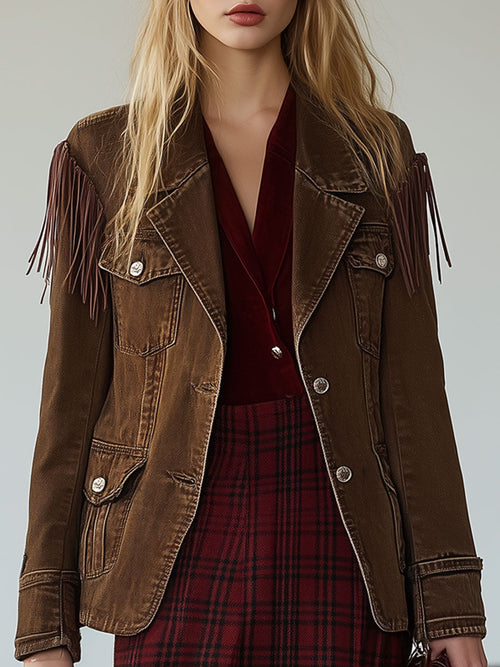 Chaqueta vaquera con borlas y múltiples bolsillos de color marrón cacao de estilo vintage occidental