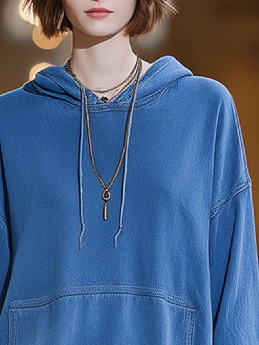 Casual Vintage Blue Denim Pocket Hoodie