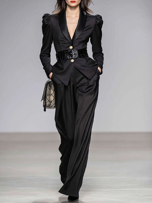 Black Lapel Single-breasted Suit And Wide-leg Pants Suit
