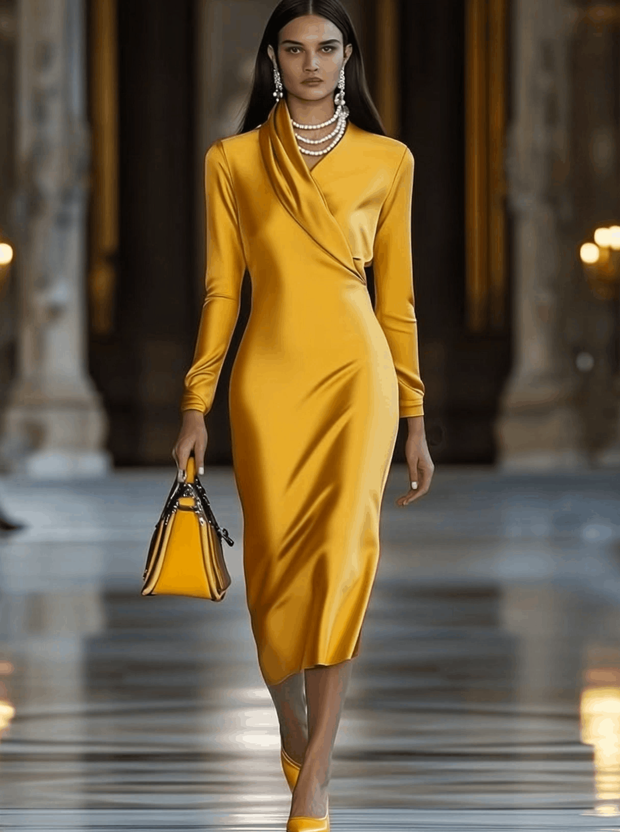 【Envío en 24 horas】Vestido midi de manga larga de satén dorado vintage de moda