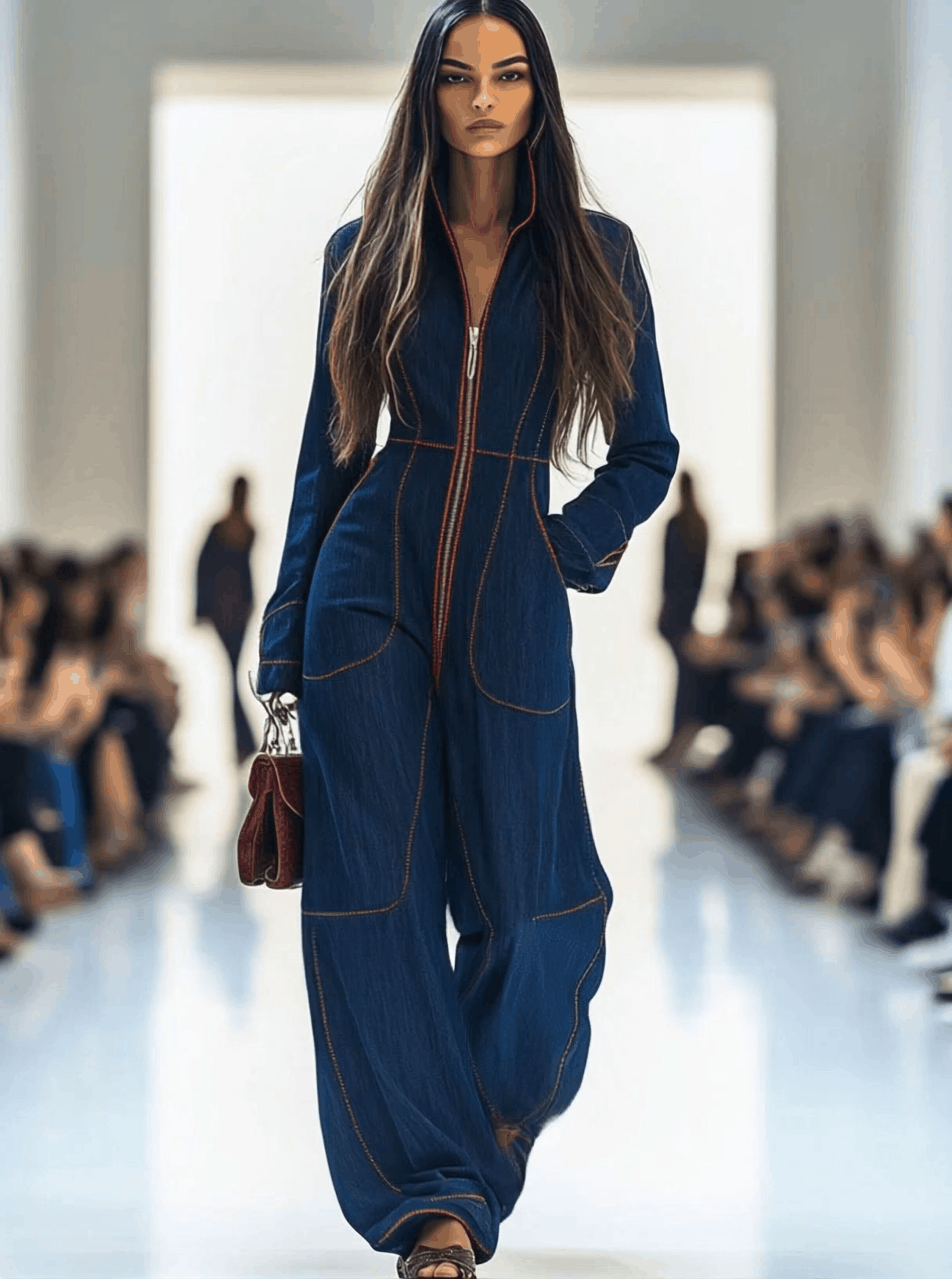 【24-hour shipping out】Casual Loose Retro Red Topstitched Denim Wide Leg Long Sleeve Jumpsuit