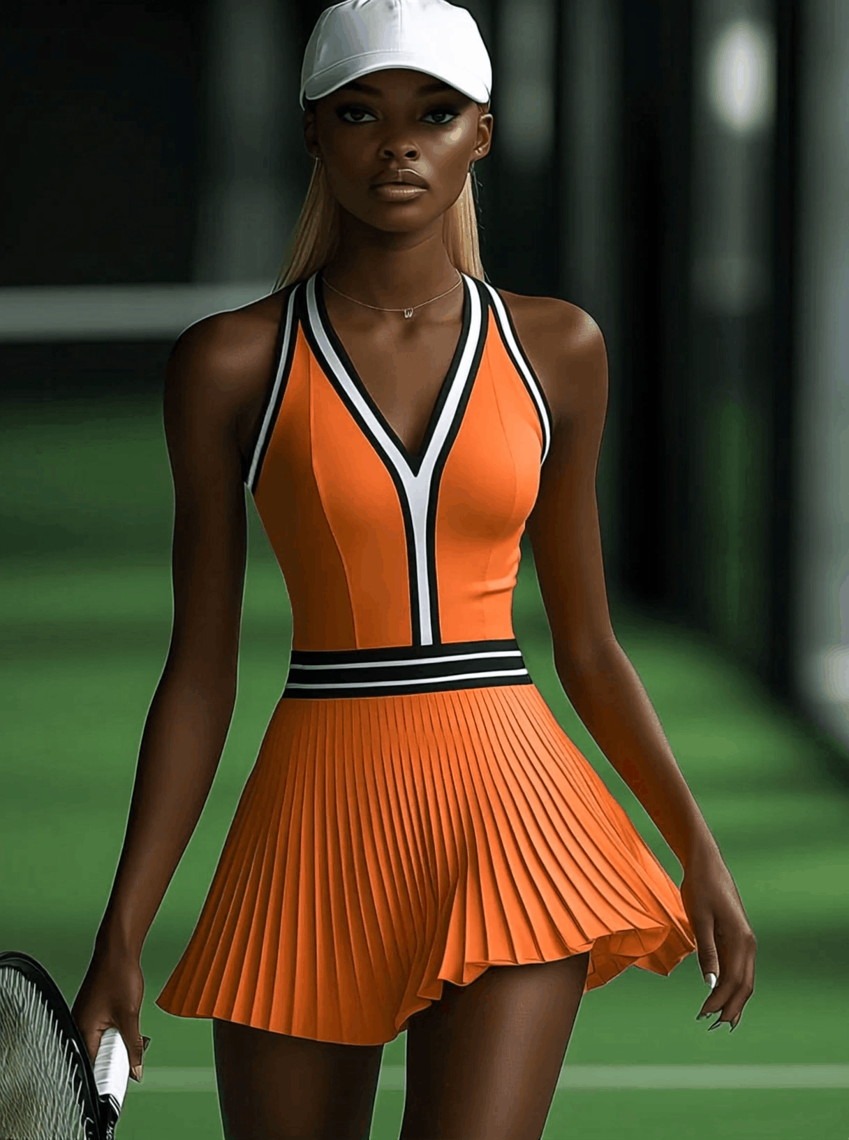 【Envío en 24 horas】Vestido mini plisado sin mangas naranja con ribete blanco y negro deportivo de moda