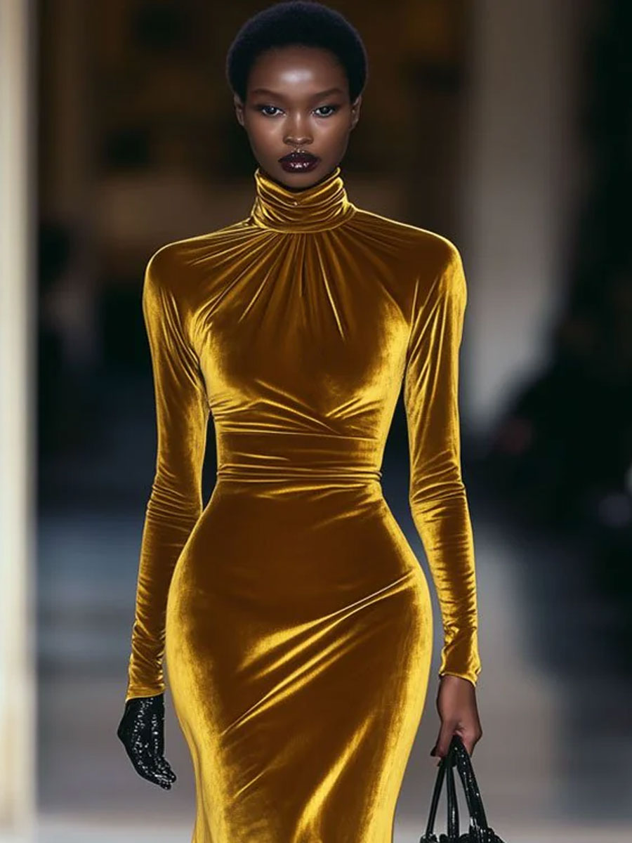 【Envío en 24 horas】Vestido largo de manga larga con cuello alto y terciopelo dorado retro de moda