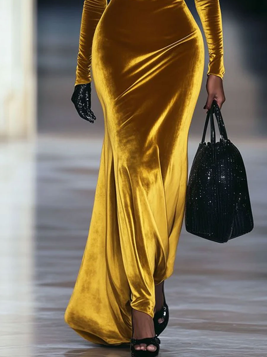 【Envío en 24 horas】Vestido largo de manga larga con cuello alto y terciopelo dorado retro de moda