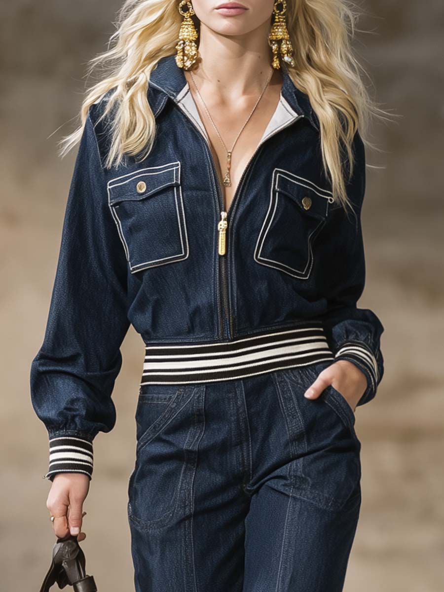 Exquisito mono informal retro con capucha, cuello en V y cremallera de mezclilla azul oscuro