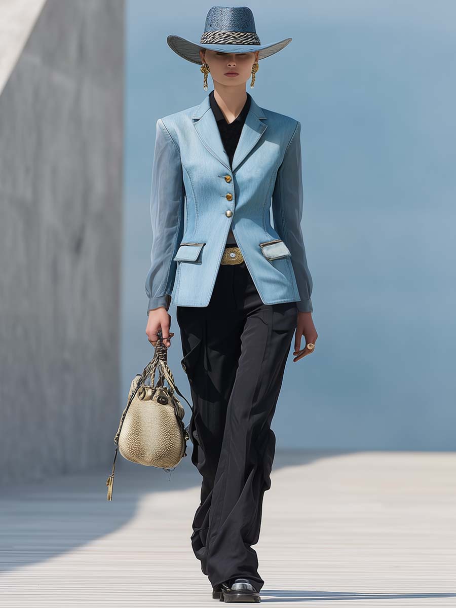 Exquisite And Elegant Notch Lapel Transparent Long Sleeve Light Blue Denim Short X-shaped Blazer