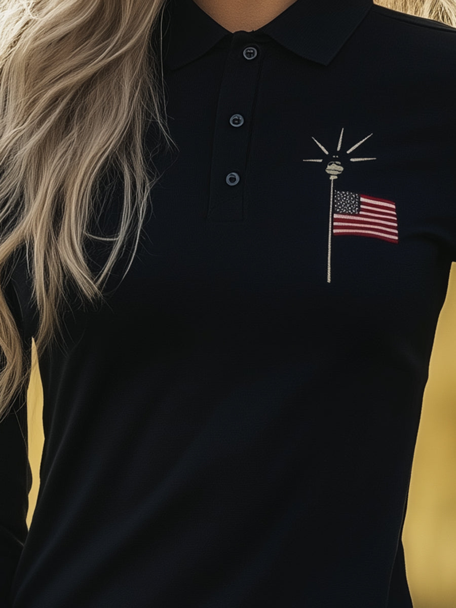 Comfortable Stretch Black Polo Shirt Long Sleeve Embroidered Top
