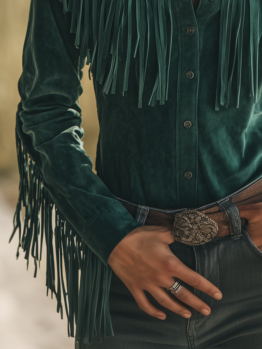 Bohemian Retro Tassel Lapel Long Sleeve Suede Shirt
