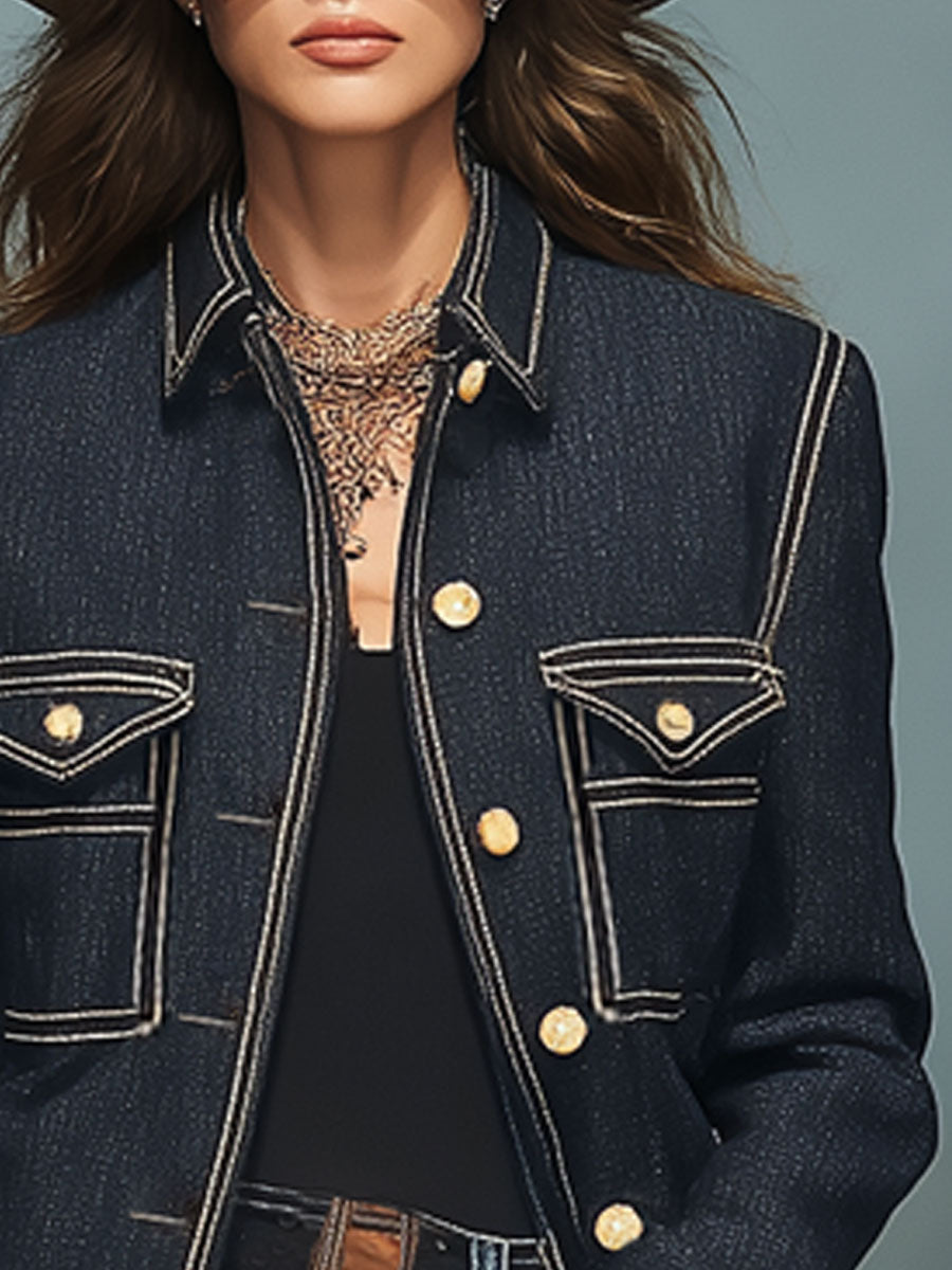 Casual Vintage Navy Denim Topstitched Pocket Jacket