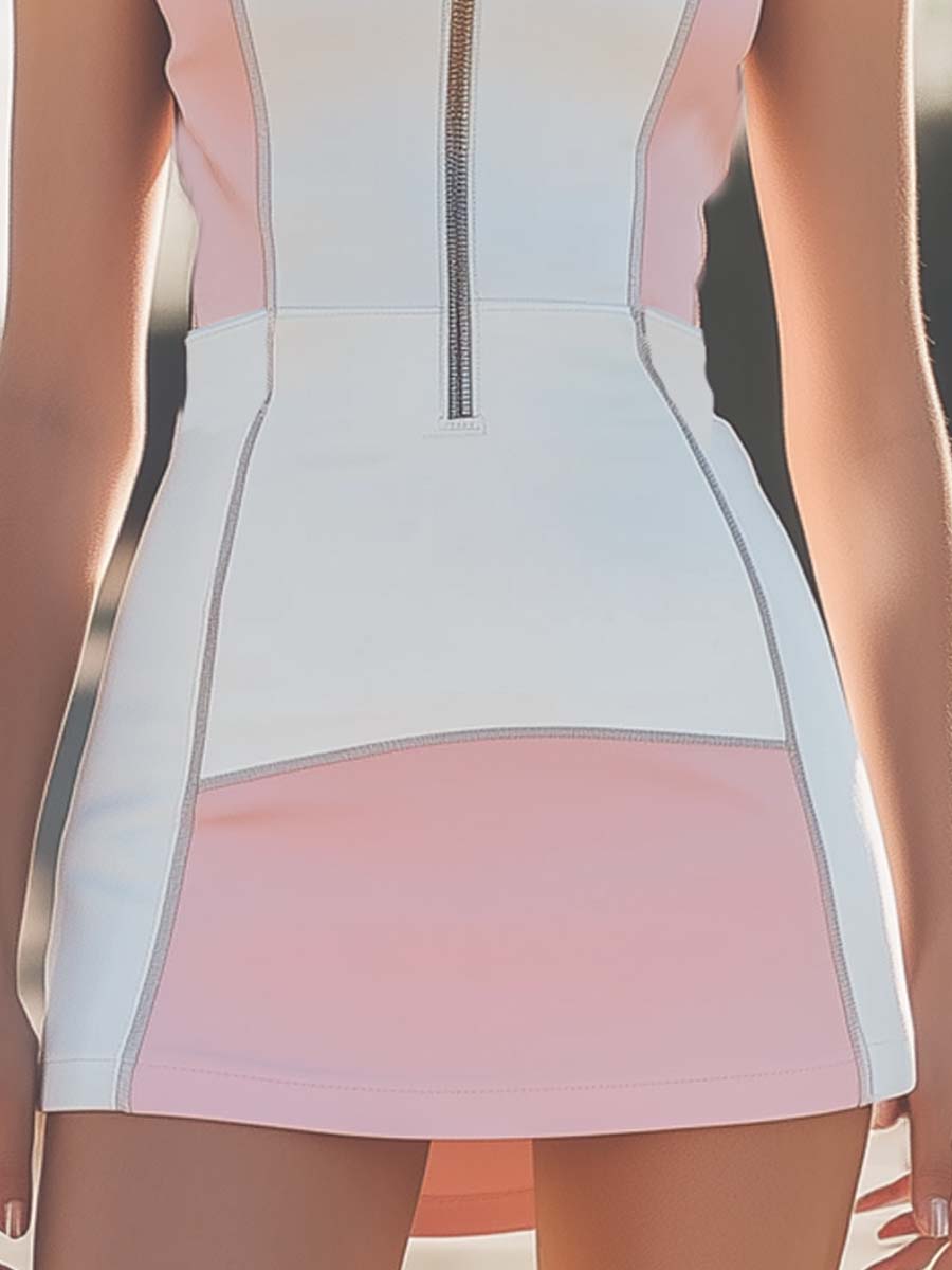 【24-hour shipping out】Spring Summer Zipper Sports Air Layer Pink White Splicing Mini Dress