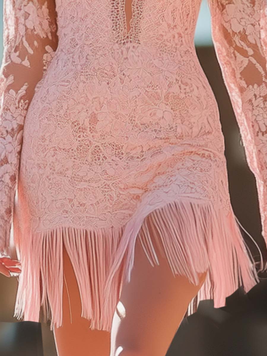 【Envío en 24 horas】Vestido mini de encaje rosa con borlas y dobladillo con hombros descubiertos y tirantes finos de estilo occidental.