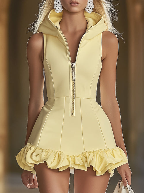 【Envío en 24 horas】Vestido mini ajustado sin mangas con capucha, volantes y cremallera frontal de color amarillo ganso