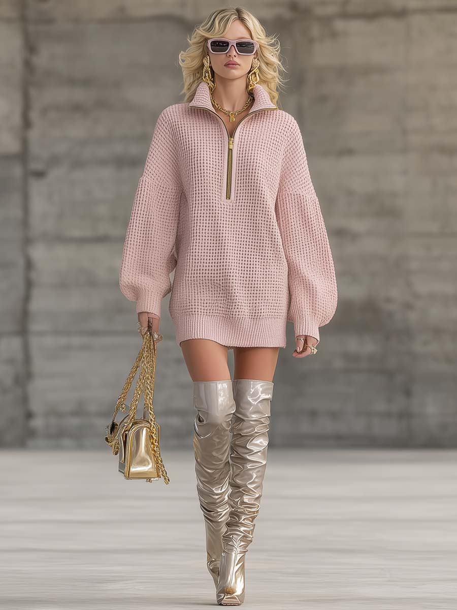 Breathable And Fashionable Exquisite Lapel Front Zipper Light Pink Knitted Loose Mini Dress