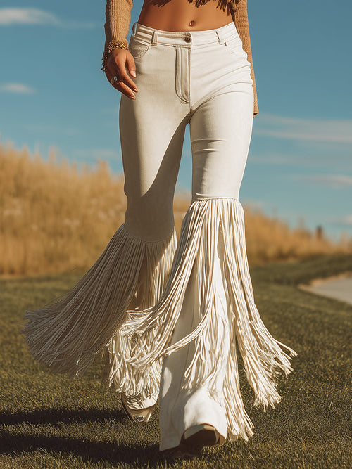 Chic Western Style Tassel Hem Off-White Suede Flared Pants