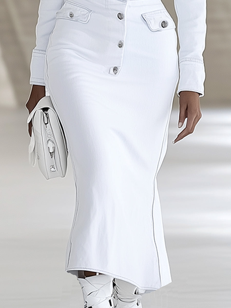 Fashion Lapel One-shoulder White Denim Long-sleeved Maxi Dress