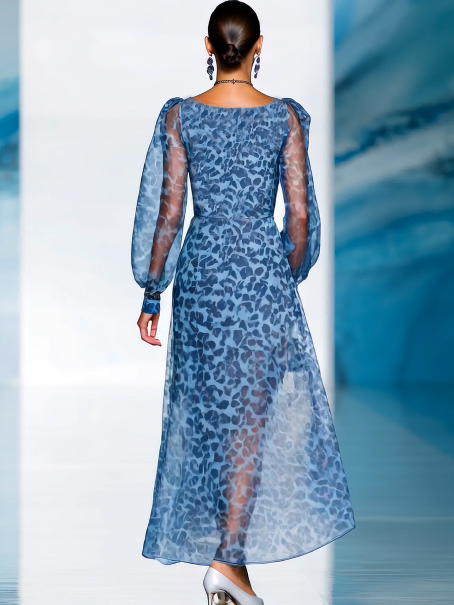 Elegant And Fashionable Chiffon Blue Leopard Print Long Sleeve V-neck Flowing Maxi Dress